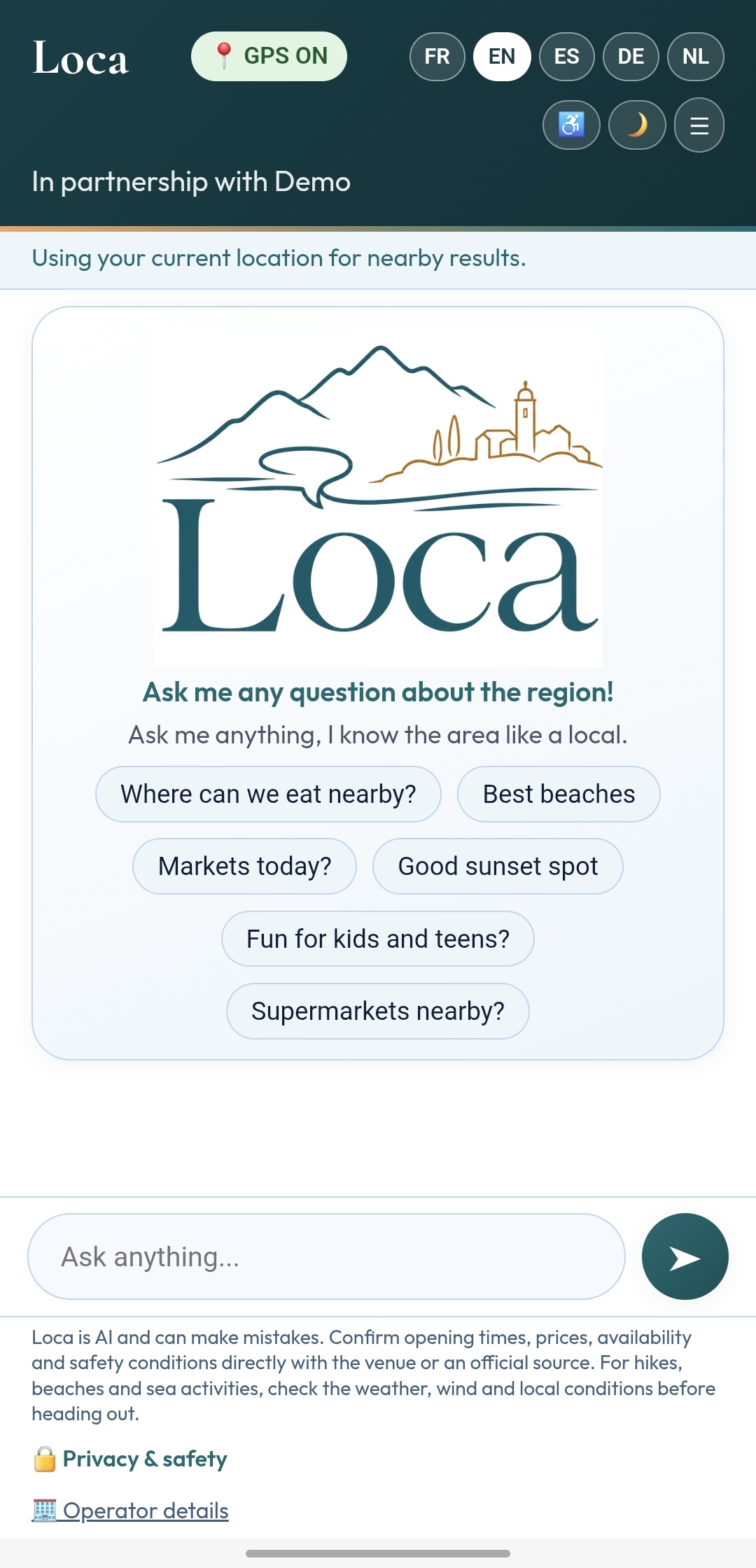 Loca chat interface showing the current welcome screen with quick-reply questions for restaurants, beaches, markets and more